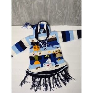 Kids Hand Knit Blue White Striped Animal Scene Hooded Poncho Sweater Tassels